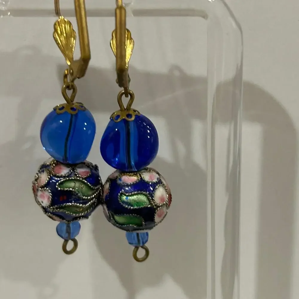 Cloisonne dangle pierced earings blue glass enamal gold deco
